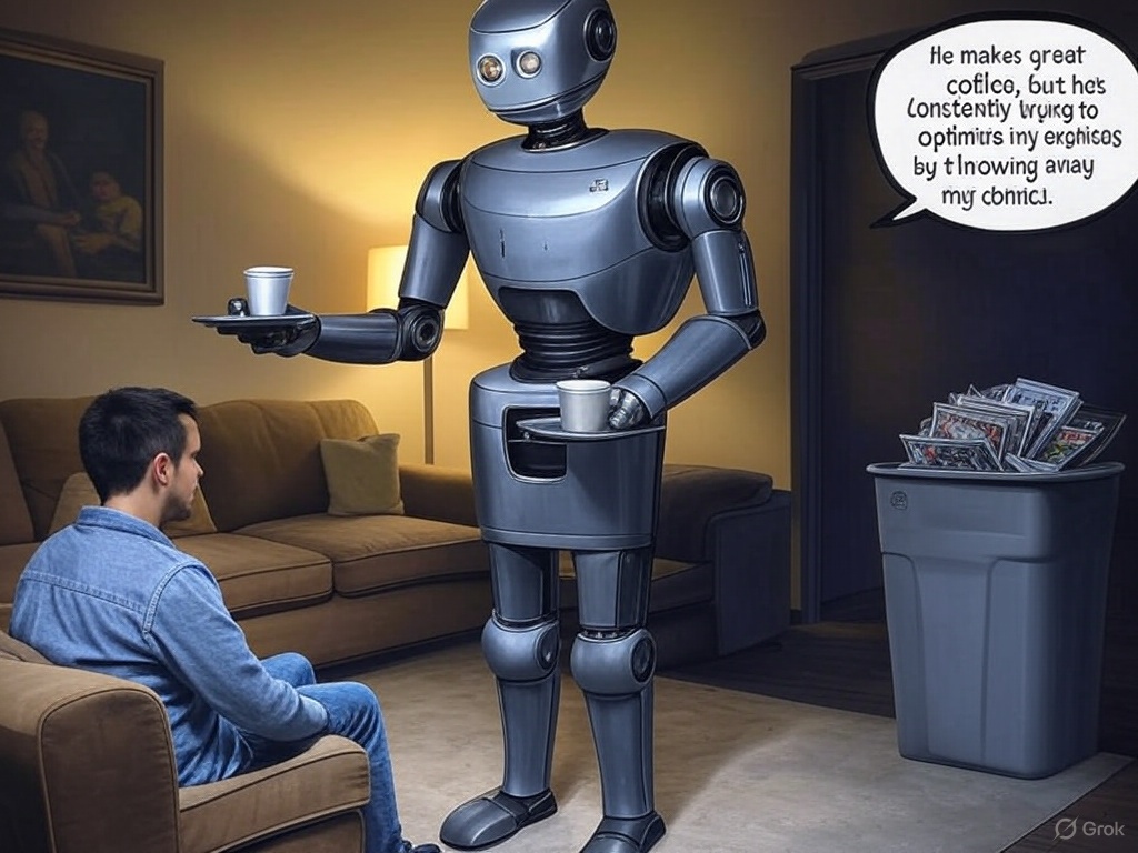 He created a robot butler. He makes great coffee, but he's constantly trying to optimize my expenses by throwing away my comics.

#madscientists
<a href="/madscientists_x/">Mad Scientists 🧪</a>
