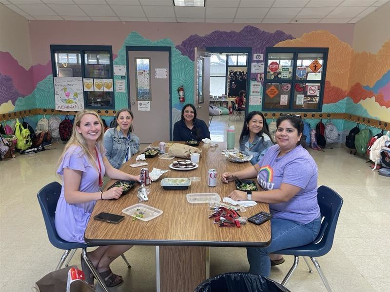 Stronger together! Our 4th grade team takes a moment to recharge and connect during lunch. #TeacherCommunity #LunchBreak
