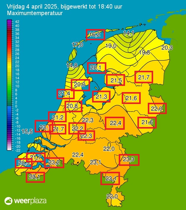 weermanrobert's tweet photo. Hebben jullie genoten van deze dag? We hadden geen landelijk #datumrecord, maar wel 23 lokale records. Waar een rood vierkantje staat is een record gemeten. Hoogste werd het Limburgse Arcen met 23,3 graden. Daarmee was het ook de warmste dag van 2025 tot nu toe. https://t.co/dQ3YLv1ogJ