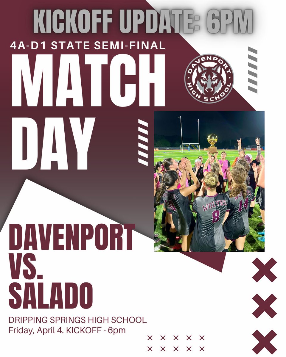 Davenport Girls Soccer (@dhs_gsoccer) on Twitter photo KICK OFF TIME UPDATE- Due to the possibility of inclement weather, kick off has been moved up to 6pm!!!
<a href="/jdzimmerhanzel/">JD Zimmerhanzel</a> <a href="/taylour_to5o/">Taylour Toso</a> <a href="/dhs_looney/">Angela Looney</a> <a href="/DavenportWolves/">DHS Wolves Athletics</a> <a href="/6a_28/">SA High School & Club Soccer</a> <a href="/LethalSoccer/">Coach Duque</a> <a href="/50_50Pod/">The 50/50 Podcast ⚽️🎙</a> <a href="/tascosoccer/">TASCO</a> <a href="/cisdnews/">Comal ISD</a> KICK OFF TIME UPDATE- Due to the possibility of inclement weather, kick off has been moved up to 6pm!!!
<a href="/jdzimmerhanzel/">JD Zimmerhanzel</a> <a href="/taylour_to5o/">Taylour Toso</a> <a href="/dhs_looney/">Angela Looney</a> <a href="/DavenportWolves/">DHS Wolves Athletics</a> <a href="/6a_28/">SA High School & Club Soccer</a> <a href="/LethalSoccer/">Coach Duque</a> <a href="/50_50Pod/">The 50/50 Podcast ⚽️🎙</a> <a href="/tascosoccer/">TASCO</a> <a href="/cisdnews/">Comal ISD</a>