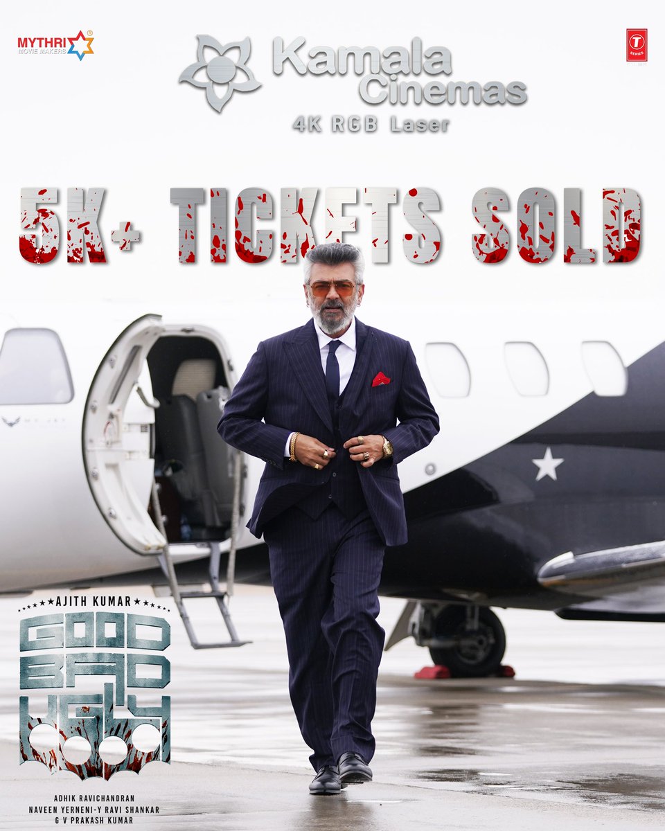 kamala_cinemas's tweet photo. 5,000+ tickets sold for #GoodBadUgly at your Kamala Cinemas in less than 3 hours 🕶️🏍️

#AjithKumar @trishtrashers @MythriOfficial @Adhikravi @gvprakash @romeopictures_ @mynameisraahul https://t.co/r3QhHxW6sD