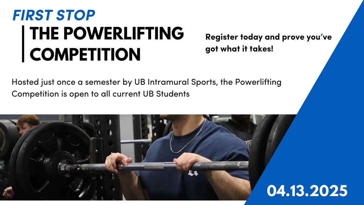 UBrecreation's tweet image. Get ready for an action-packed April! 🏋️‍♂️🏀 Join us for the Intramural Sports Powerlifting Competition, 3-on-3 Basketball Tournament, and our Unplug &amp;amp; Play events. Stay active and have fun! 💪 #BuffaloRec #Intramurals #GetActive #UnplugAndPlay