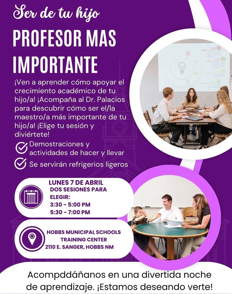 Are you a parent of a current Pre-K student at Hobbs Schools? 
We want to invite you to  Monday's Parent Engagement Night!
Come learn how to support your child's academic growth.
Two sessions to choose from on 4/7,  3:30-500 pm or 5:30-7:00 pm at the HMS Training Center.