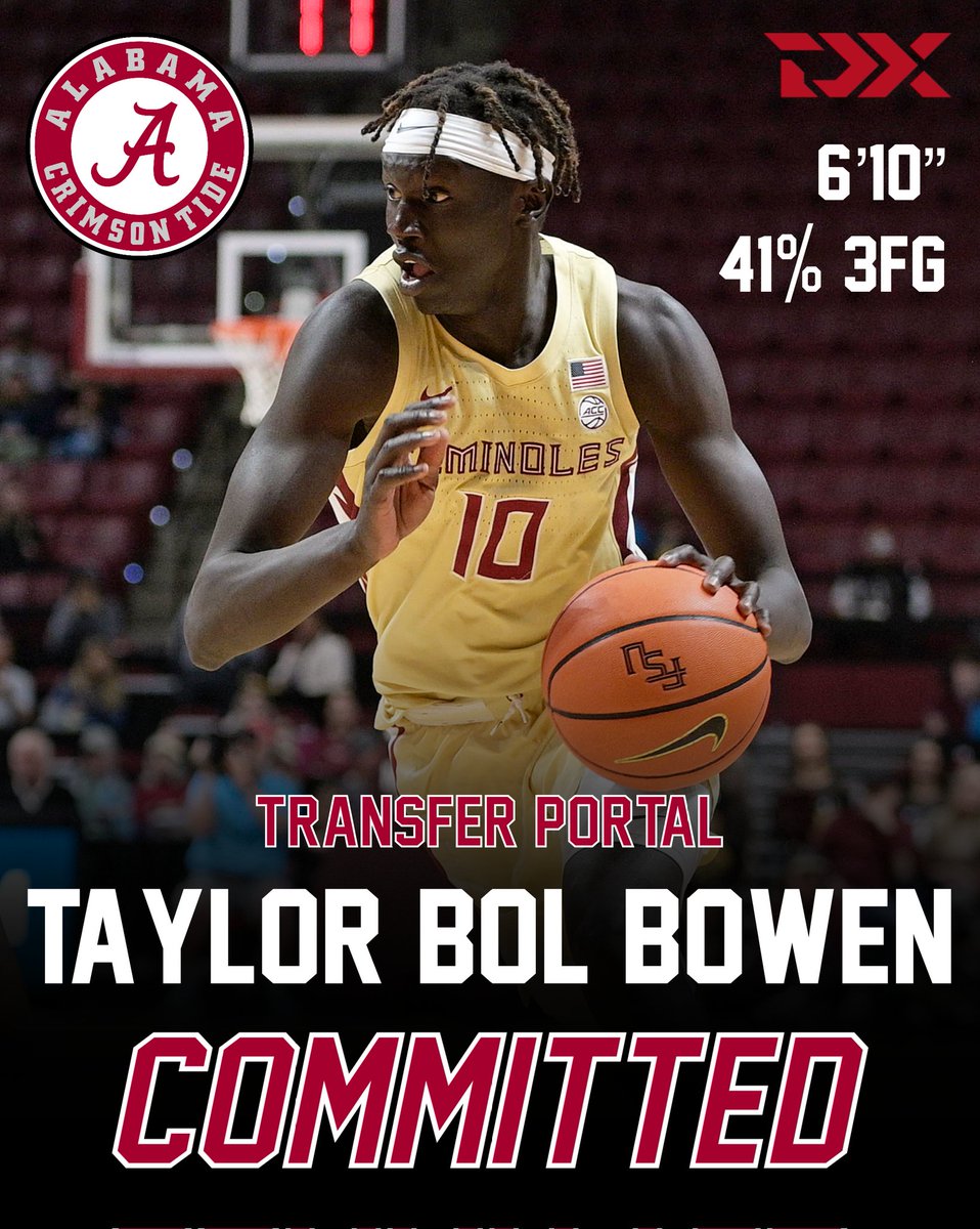 NEWS: Florida State transfer Taylor Bol Bowen has committed to Alabama, his agent Sam Permut of Roc Nation told ESPN. The 6-foot-10, former Top-100 recruit averaged 8 points, 5.2 rebounds per game, shooting 41% for 3 this season.