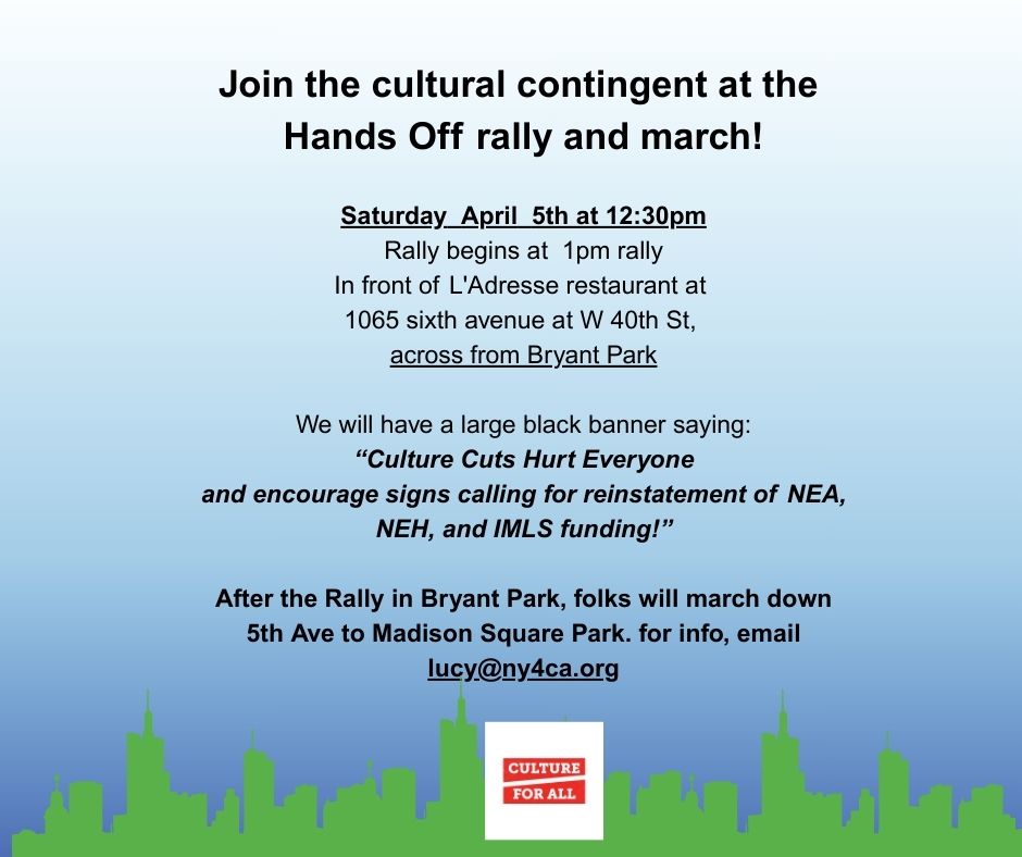 Creatives Rebuild New York (@artscrny) on Twitter photo Join <a href="/ny4ca1/">NY4CA</a> this Saturday, April 5th, 2025 at 12:30pm for a rally calling to reinstate <a href="/NEAarts/">Nat'l Endow f/t Arts</a> , <a href="/NEHgov/">National Endowment for the Humanities</a> , and National Endowment for the Arts, National Endowment for the Humanities, and <a href="/US_IMLS/">IMLS</a> ! Join <a href="/ny4ca1/">NY4CA</a> this Saturday, April 5th, 2025 at 12:30pm for a rally calling to reinstate <a href="/NEAarts/">Nat'l Endow f/t Arts</a> , <a href="/NEHgov/">National Endowment for the Humanities</a> , and National Endowment for the Arts, National Endowment for the Humanities, and <a href="/US_IMLS/">IMLS</a> !