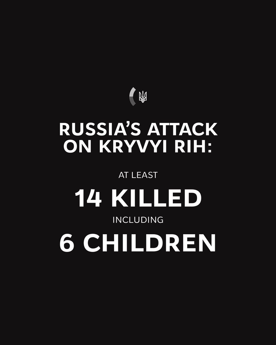A Russian missile struck a residential area in Kryvyi Rih, killing at least 14 people, including six children. The attack hit near a playground, injuring over 50 others. Rescue operations are ongoing, and at least five buildings have been damaged. 

Since 2022, Russia has killed