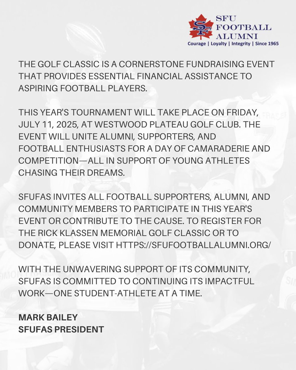 🖤 A Message from SFU Football Alumni Society 🖤

On the 2nd anniversary of <a href="/SFU/">Simon Fraser University</a> Football’s cancellation, we reaffirm our commitment to BC’s student-athletes.

In 2024, we donated $20,000 in bursaries. Scroll to read more about how we’re supporting the next generation. 🙌🏈