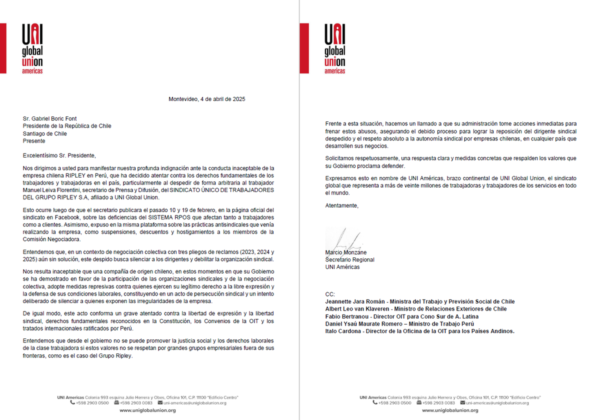 uniamericas's tweet photo. 🔴Grave denuncia: Enviamos comunicación al pte. @GabrielBoric ante el despido arbitrario de dirigente sindical en @RipleyenPeru 

"No se puede promover la justicia social y los derechos laborales si estos valores no se respetan por los grupos empresariales fuera de sus fronteras" https://t.co/SvlMxTlS5t