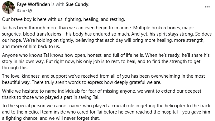 FromThe1stBend's tweet photo. Away from the track, Faye Woffinden has posted an update on Tai.
#StayStrongTai https://t.co/fb1j6itR27