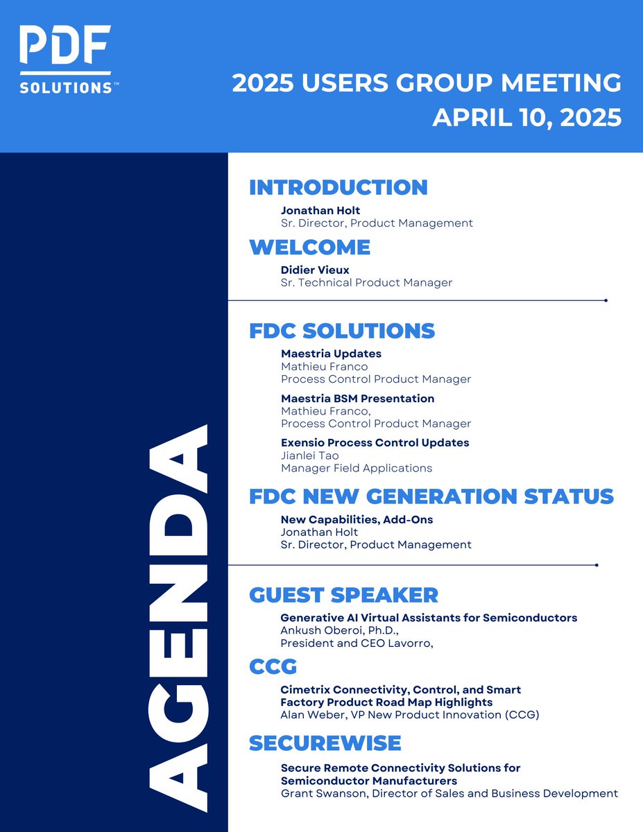 🌐 Join us for PDF Solutions' 2025 Users Group Meeting in Europe on April 10, 2025! 🌐  
Learn about PDF Solutions' industry-leading process control products, hear from experts, and provide feedback on the roadmap and direction of our offerings. 🔗bit.ly/3DyaDHc.