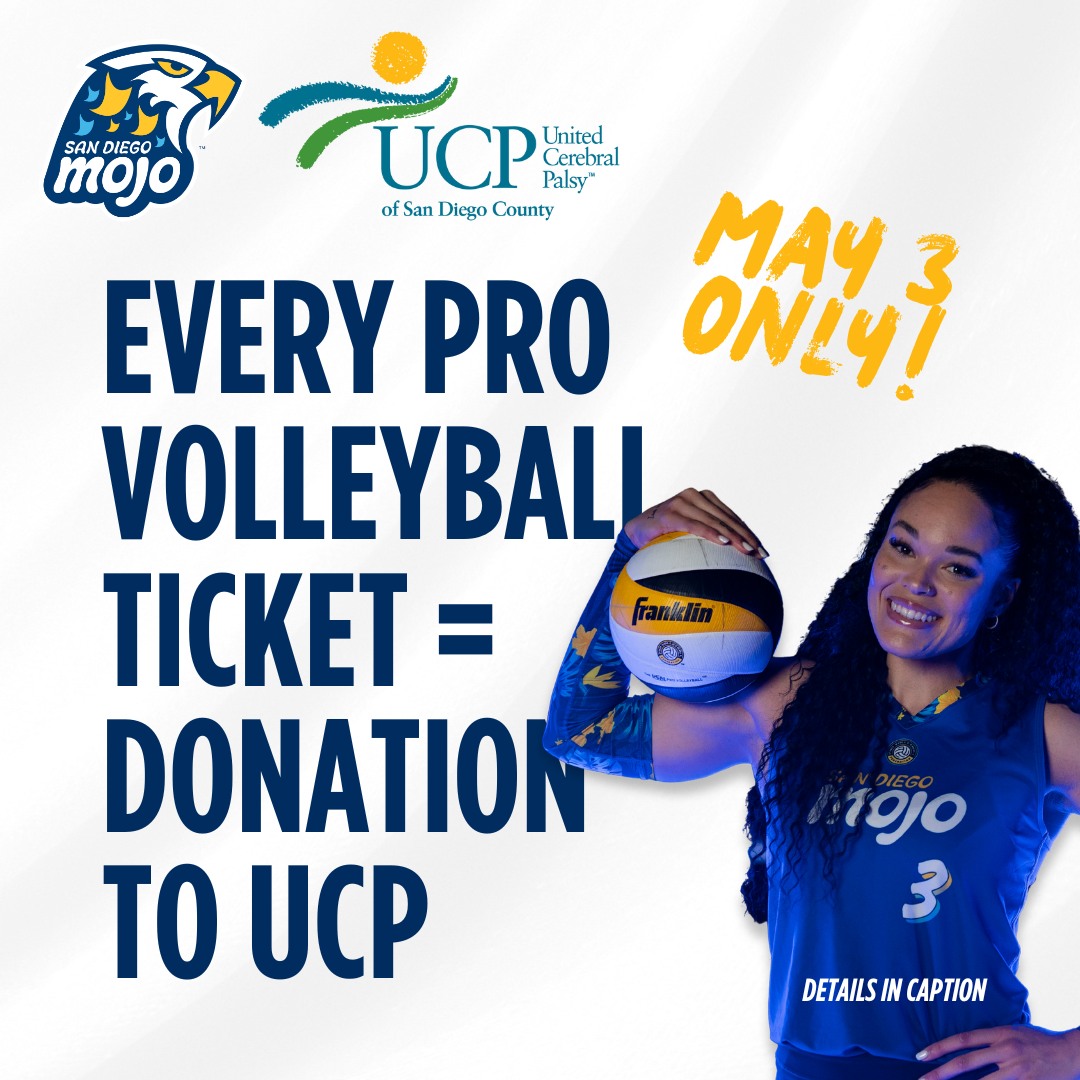 UCPSanDiego's tweet image. Join us at a San Diego Mojo Pro Women’s Volleyball Game on May 3rd! 20% of ticket sales go back to UCP San Diego. Grab your seats today for a fun-filled family outing while supporting people with disabilities. Buy your tickets using this special link: fevo-enterprise.com/event/Unitedce…