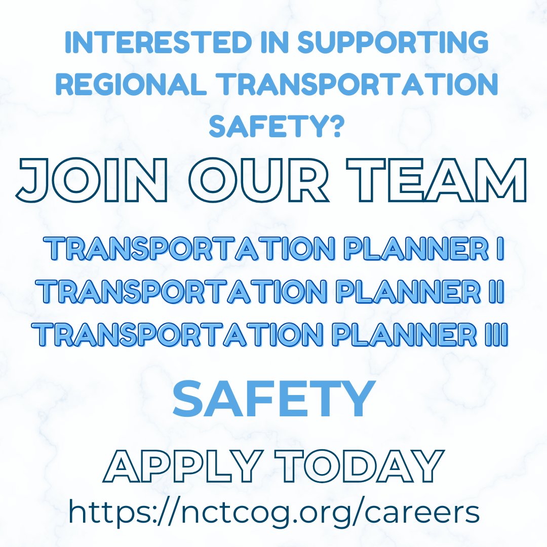📢 We're seeking Transportation Planners! These roles will support the Safety Program, contributing to the development and implementation of regional transportation safety.
💼 Apply now
nctcog.org/careers
#TransportationJobs #UrbanPlanning #TransportationSafety