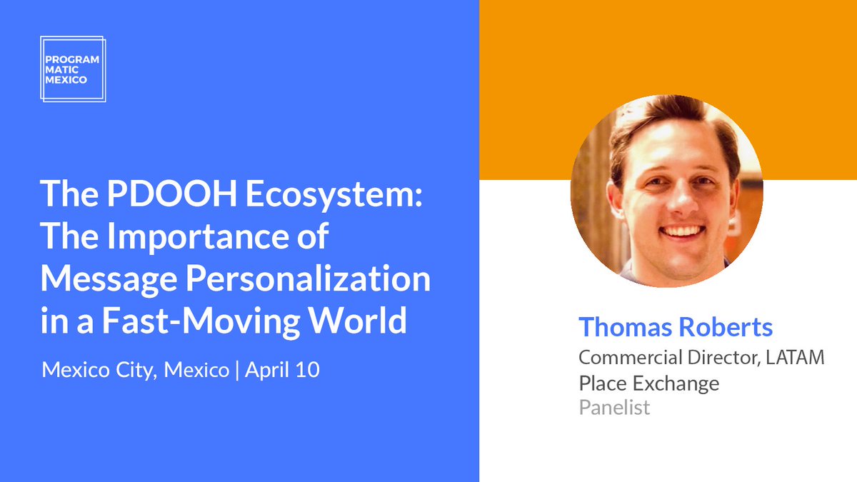 Place Exchange (@placeexchange) on Twitter photo Place Exchange is headed to Programmatic Mexico in CDMX on April 10 where together with <a href="/promoespacio/">Promo Espacio</a>, The Smart Media and <a href="/groovinads/">GroovinAds</a> , our LATAM Commercial Director, Thomas Roberts, will discuss the innovations in Digital OOH that combine programmatic, data, and creativity. Place Exchange is headed to Programmatic Mexico in CDMX on April 10 where together with <a href="/promoespacio/">Promo Espacio</a>, The Smart Media and <a href="/groovinads/">GroovinAds</a> , our LATAM Commercial Director, Thomas Roberts, will discuss the innovations in Digital OOH that combine programmatic, data, and creativity.