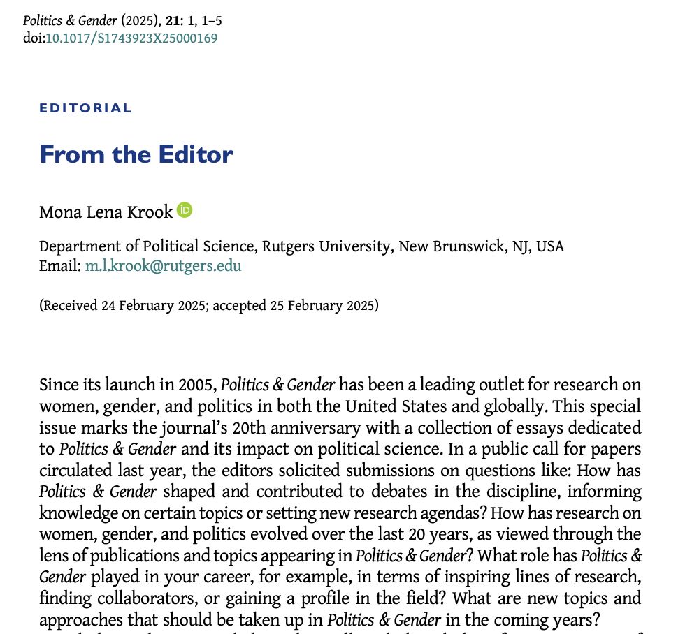 Politics & Gender (@politicsgenderj) on Twitter photo 📢New issue of #PAG21 is out!📢
Our twentieth anniversary issue is now out! Our editor <a href="/mlkrook/">Dr. Mona Lena Krook</a> introduces the issue reflecting on founding of the journal and previewing all of the wonderful research featured in this special edition of P&G.
buff.ly/mJdXDng 📢New issue of #PAG21 is out!📢
Our twentieth anniversary issue is now out! Our editor <a href="/mlkrook/">Dr. Mona Lena Krook</a> introduces the issue reflecting on founding of the journal and previewing all of the wonderful research featured in this special edition of P&G.
buff.ly/mJdXDng