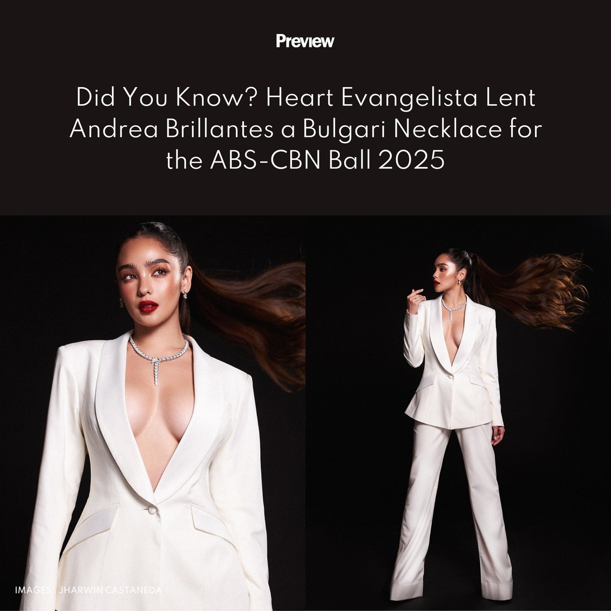 For the #ABSCBNBall2025, #AndreaBrillantes accessorized her look with a 10-million-peso Bulgari necklace that was lent to her by #HeartEvangelista! Read more: bit.ly/42i4MOG