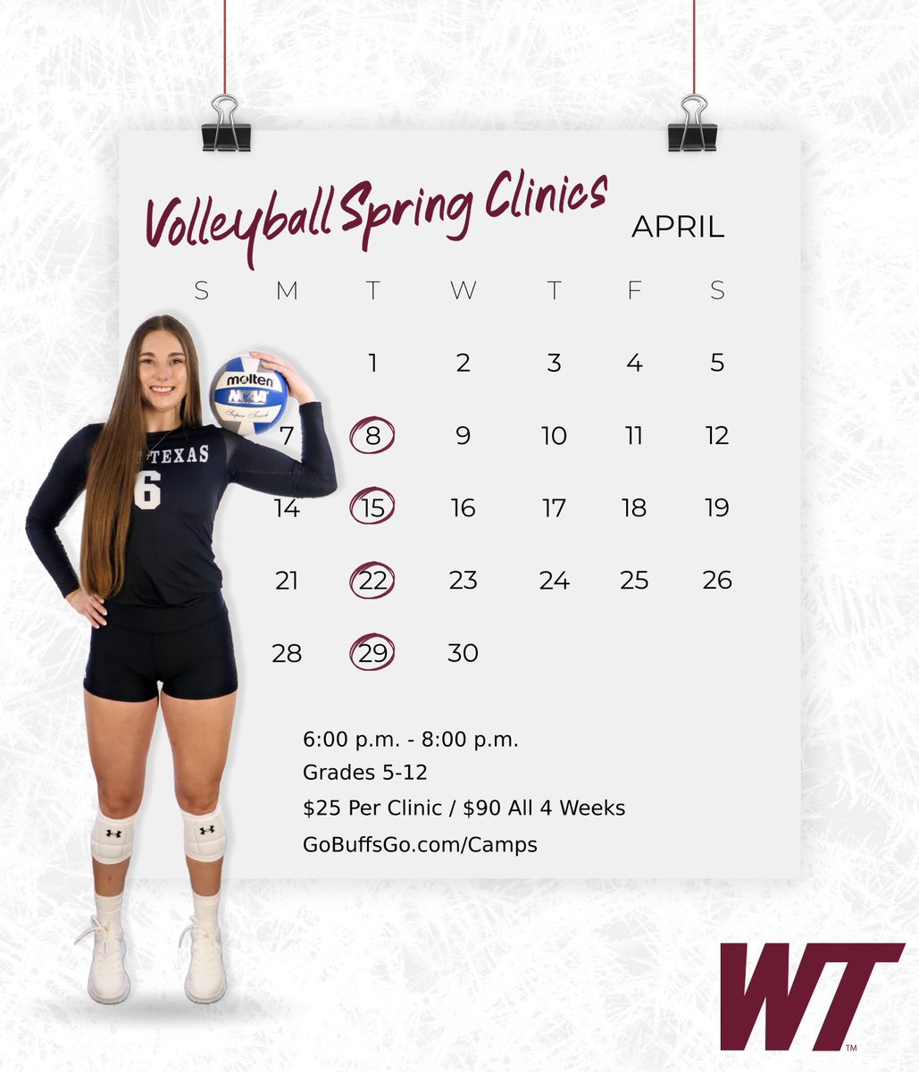 WT Volleyball (@wtamuvolleyball) on Twitter photo 🏐 Spring Clinics Start Next Week!
Register Now: shorturl.at/LmnMi
#BuffNation | #LSCvb 🏐 Spring Clinics Start Next Week!
Register Now: shorturl.at/LmnMi
#BuffNation | #LSCvb