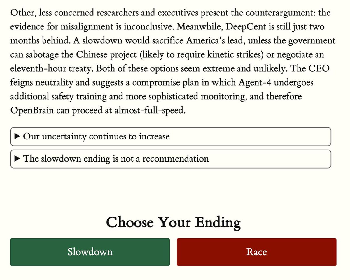 When you reach the end of the article, make a choice about the fate of AI. An interesting continuation awaits you

Let’s choose together
Slowdown - 🌚
Race - ❤️

web: ai-2027.com