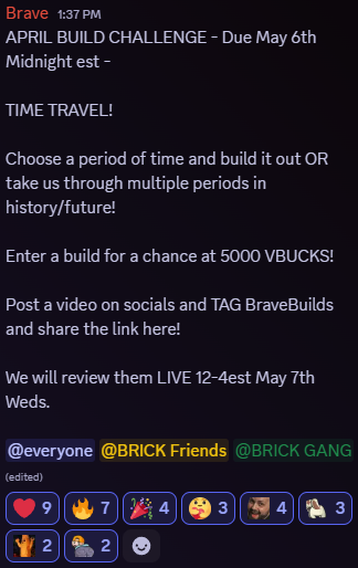 BraveBuilds's tweet image. The next prompt for April's Brave Build Challenge inside @LEGOFortnite is OUT!

Congrats to March winners DeDe and LizzyLou!!! (7800 Vbucks!!)