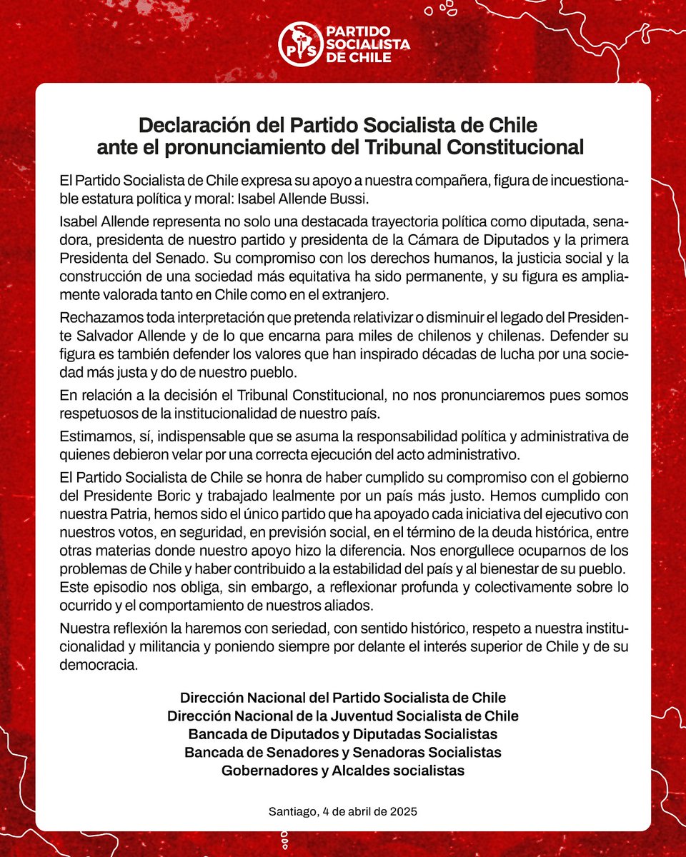 PSChile's tweet photo. Declaración del Partido Socialista de Chile ante el fallo del Tribunal Constitucional https://t.co/FKNNtL7lCH