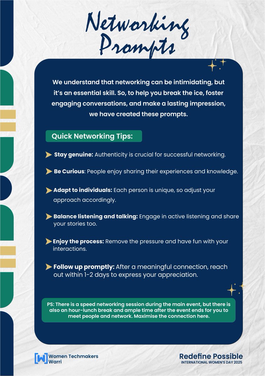 Great things happen when women connect!

Tomorrow is all about connections &amp; conversations. Let’s spark conversations that lead to opportunities, collaborations, and change. 💡

Use these networking tips to break the ice, find your next collaborator, or just make a new friend.