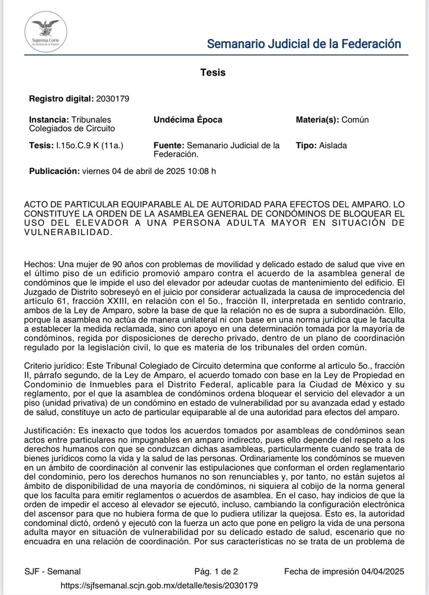 rsperrilliat's tweet photo. ACTO DE PARTICULAR EQUIPARABLE AL DE AUTORIDAD PARA EFECTOS DEL AMPARO. LO CONSTITUYE LA ORDEN DE LA ASAMBLEA GENERAL DE CONDÓMINOS DE BLOQUEAR EL USO DEL ELEVADOR A UNA PERSONA ADULTA MAYOR EN SITUACIÓN DE VULNERABILIDAD. https://t.co/NolwbAUecb