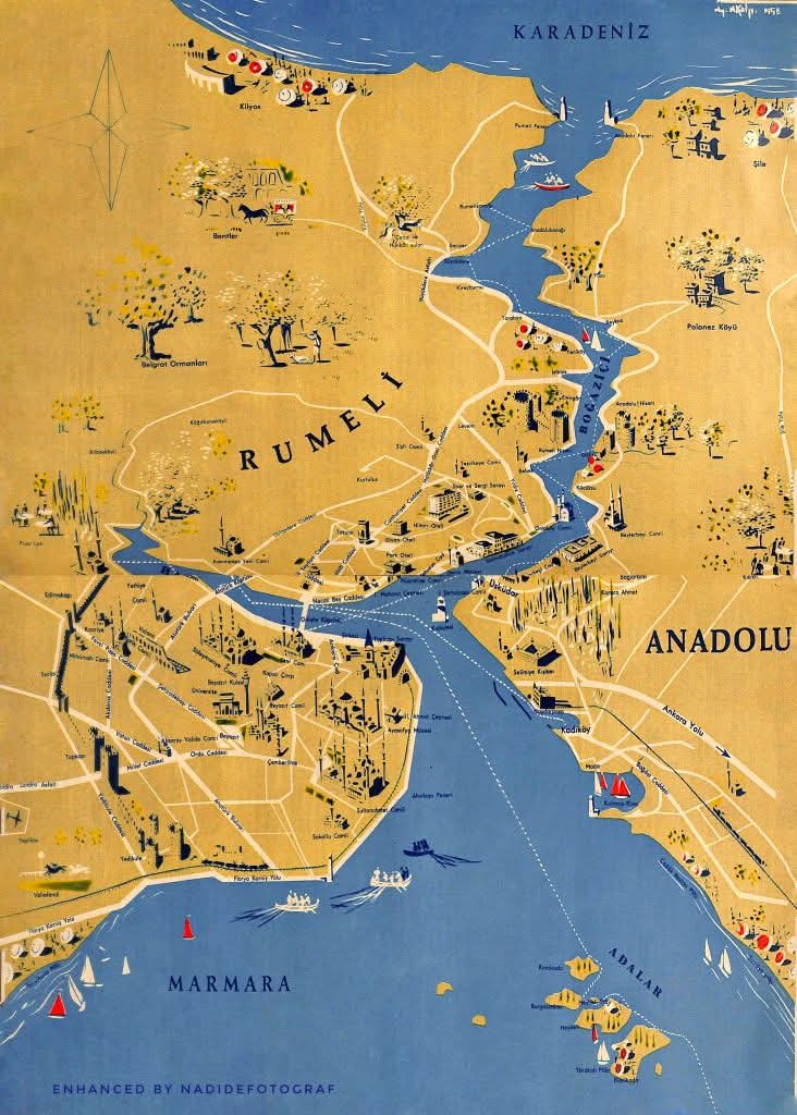 1958 tarihli İstanbul'un Turistik Haritası. Avrupa Yakası, Rumeli olarak belirtilmiş.