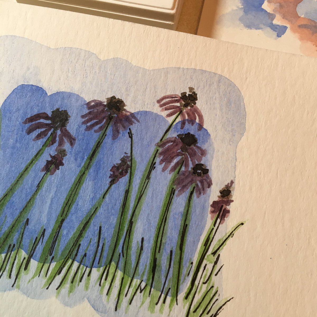 goodcheerkq's tweet image. 🌱Tiny echinacea, corner of my sketchbook. Happy Friday, friends! I hope you have fun with whatever you are creating today! #workinprogress #sketchbook #createdtocreate #artjournal #creativejournal #watercolor #inkandwash #tinysketch #funwithart #joyfulliving #createwithgoodcheer