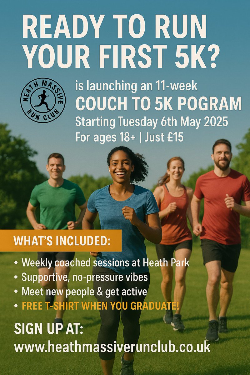 Heath Massive Run Club Couch to 5K
Starts Tues 6 May 2025 – 11 weeks, £15, ages 18+
No experience needed. Friendly vibes, weekly sessions at Heath Park &amp; a FREE t-shirt when you graduate!
Sign up: heathmassiverunclub.co.uk
#CouchTo5K #HeathMassive