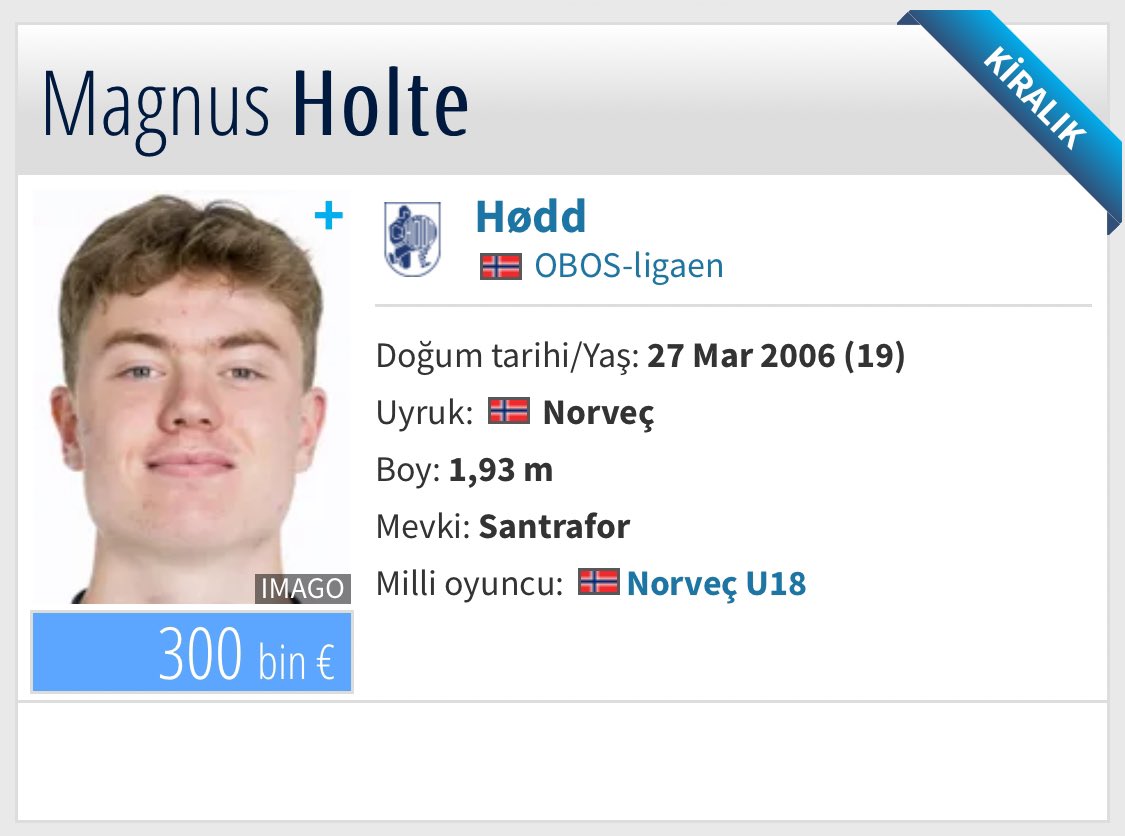Buradan Trabzonspor yönetimine sesleniyorum 2006’lı Norveçli genç yetenek Magnus Holte’yi elden kaçırmamak lazım kesinlikle hamle yapılsın!
Boy: 193
Ayak: Sağ
Piyasa Değeri: 300 bin €