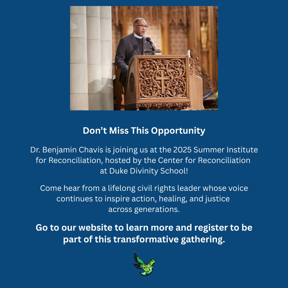 Join us for Summer Institute for Reconciliation at Duke Divinity School May 14-16, 2025. Dr. Ben Chavis will be one of many of our inspiring speakers. Registration is open at our website. divinity.duke.edu/programs/summe….