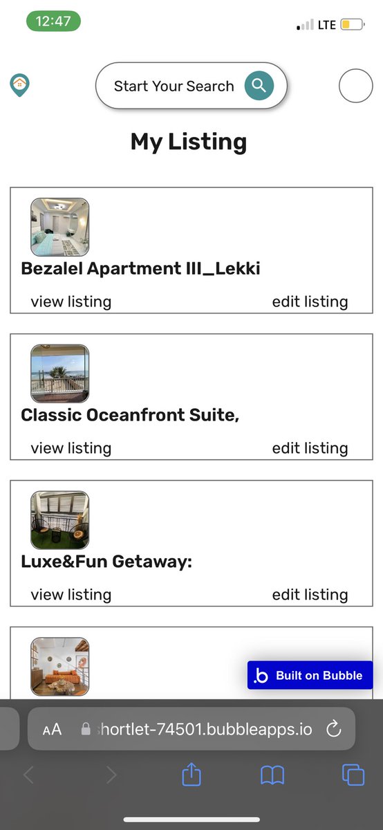 oyedejiadeoye1's tweet photo. Listings page ✅ 
Next up: Manage Listing Page. 
What’s your favorite color for Shortlet’s theme? #Shortlet #UIUX #Bubble #BuildInPublic #Bubble #NoCodeJourney #LearningNoCode https://t.co/Fz9bBZgNB4