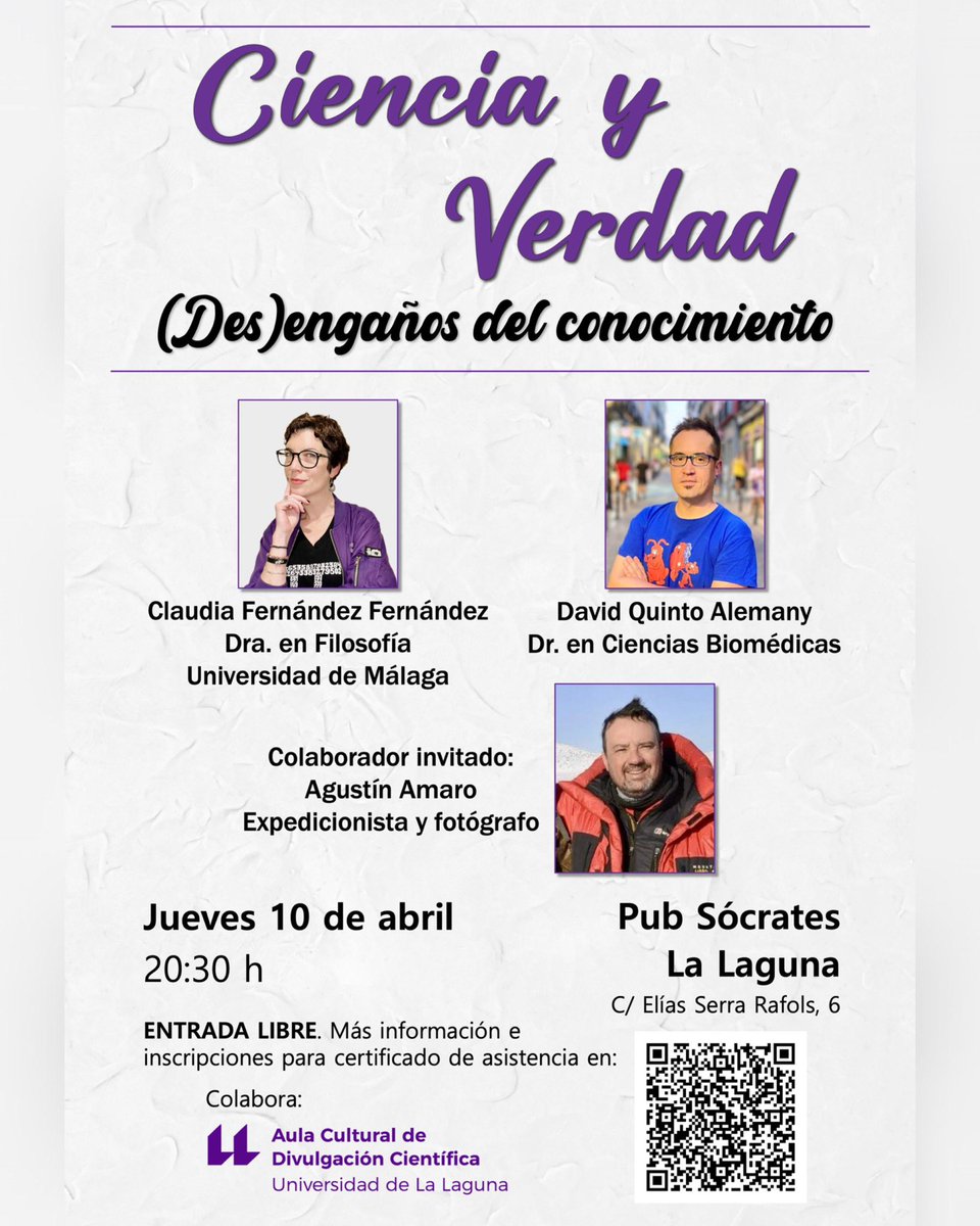 Tengo el placer de invitarles a esta charla-tertulia, que celebraremos el próximo jueves 10 de abril en el Pub Sócrates de La Laguna con <a href="/clau5anj/">Claudia Fernández</a> y Agustín Amaro!!!

Con ciencia y pensamiento crítico desmontaremos pseudociencias y falacias argumentativas!!!

Allí nos vemos!!!