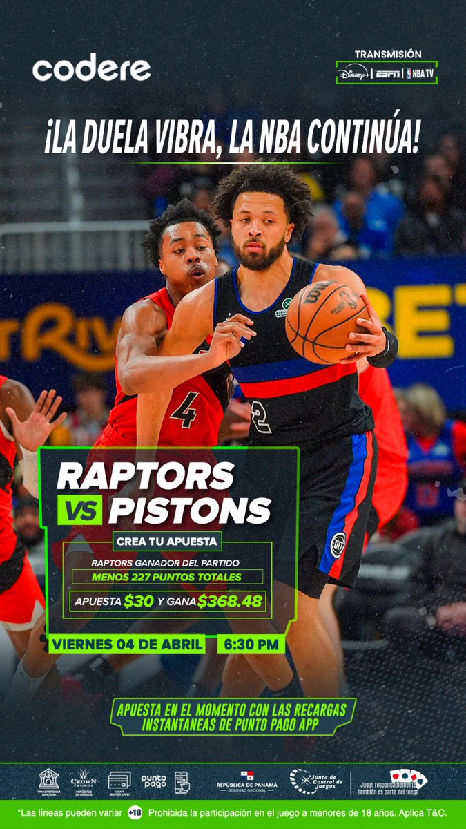 Raptors vs. Pistons 🏀🔥

💰 Crea tu apuesta;
✅ Raptors ganan
⬇️ Menos de 227 puntos totales
💵 Apuesta $30 Gana $368.48

Hoy a las 6:30pm🏀⛹️