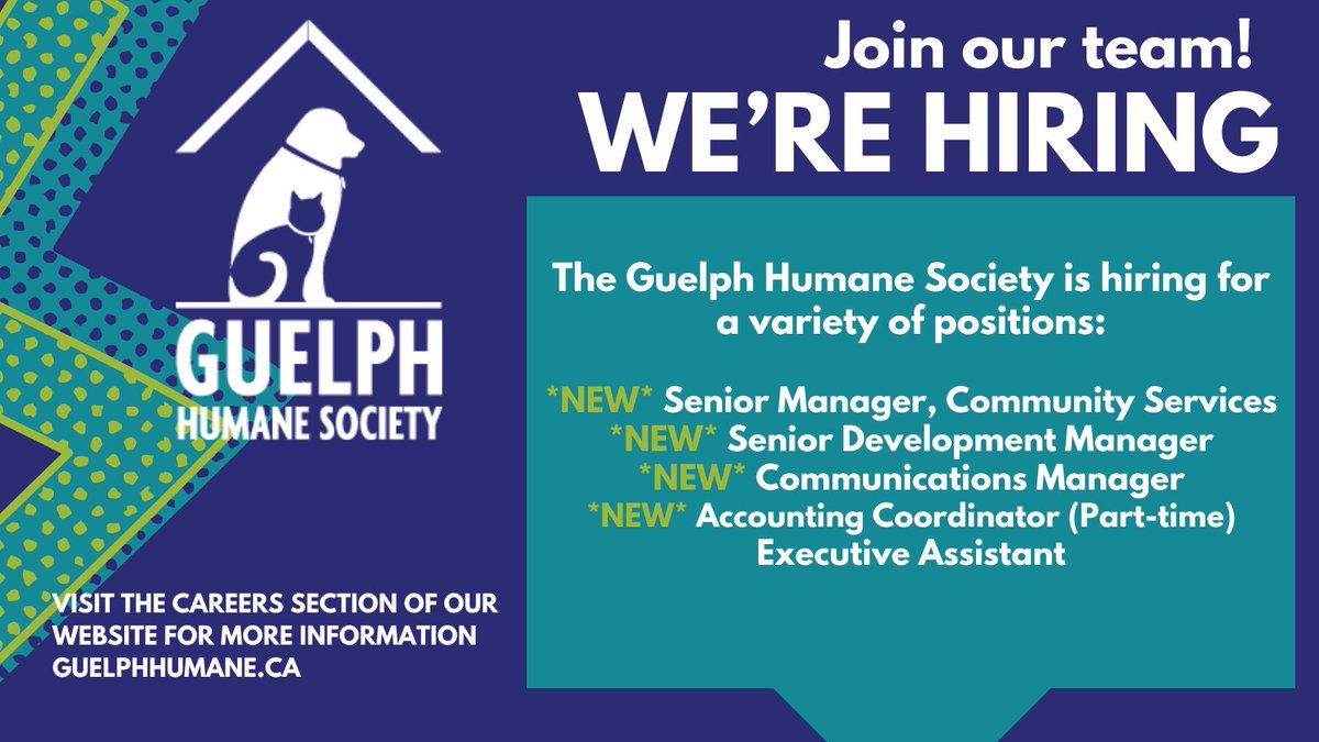 Guelph Humane Society (@guelphhumane) on Twitter photo WE ARE HIRING! Are you passionate about a career in animal welfare? Join our TEAM! The Guelph Humane Society is hiring for a variety of NEW permanent positions! Visit the Work@GHS section of our website to learn more and apply for these exciting roles guelphhumane.ca/about-us/emplo… WE ARE HIRING! Are you passionate about a career in animal welfare? Join our TEAM! The Guelph Humane Society is hiring for a variety of NEW permanent positions! Visit the Work@GHS section of our website to learn more and apply for these exciting roles guelphhumane.ca/about-us/emplo…