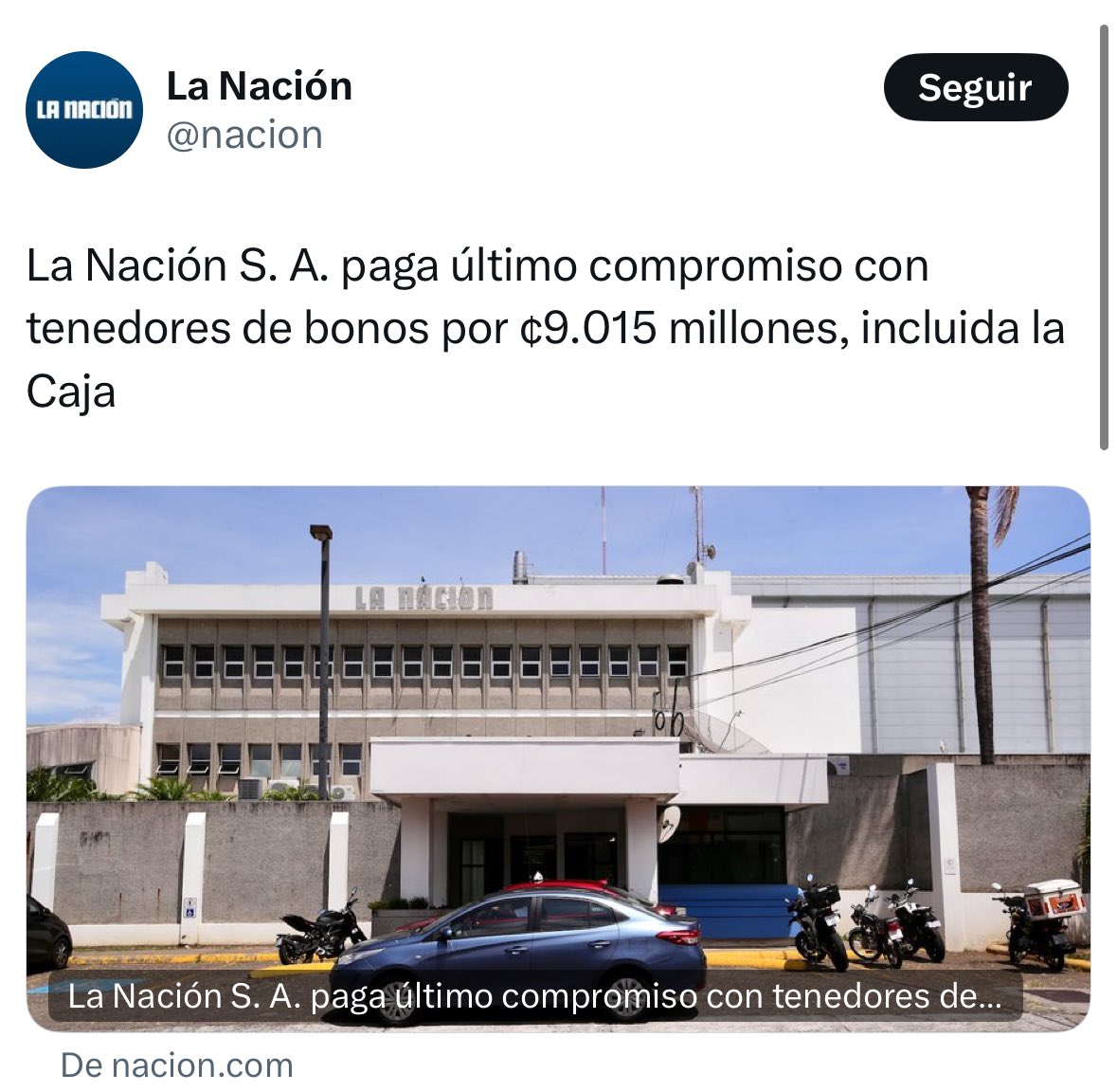 Grupo Nación anunció haber finalizado el último pago por bonos adquiridos por la CCSS. Se había especulado que Grupo Nación no podría pagar pero al final lo logró. 

Esto representa una buena noticia para quienes se encuentran cubiertos por el régimen de pensiones IVM.