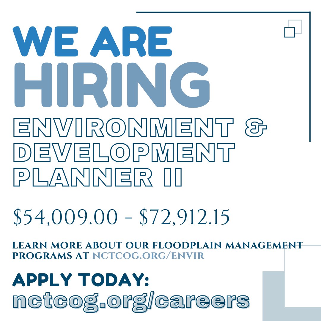 🌎 NOW HIRING: Environment &amp; Development Planner
We're seeking a planner to support our floodplain management programs in the Environment &amp; Development Department.

🔗 Learn more about our programs: nctcog.org/envir
🔗Apply today: nctcog.hua.hrsmart.com/hr/ats/Posting…