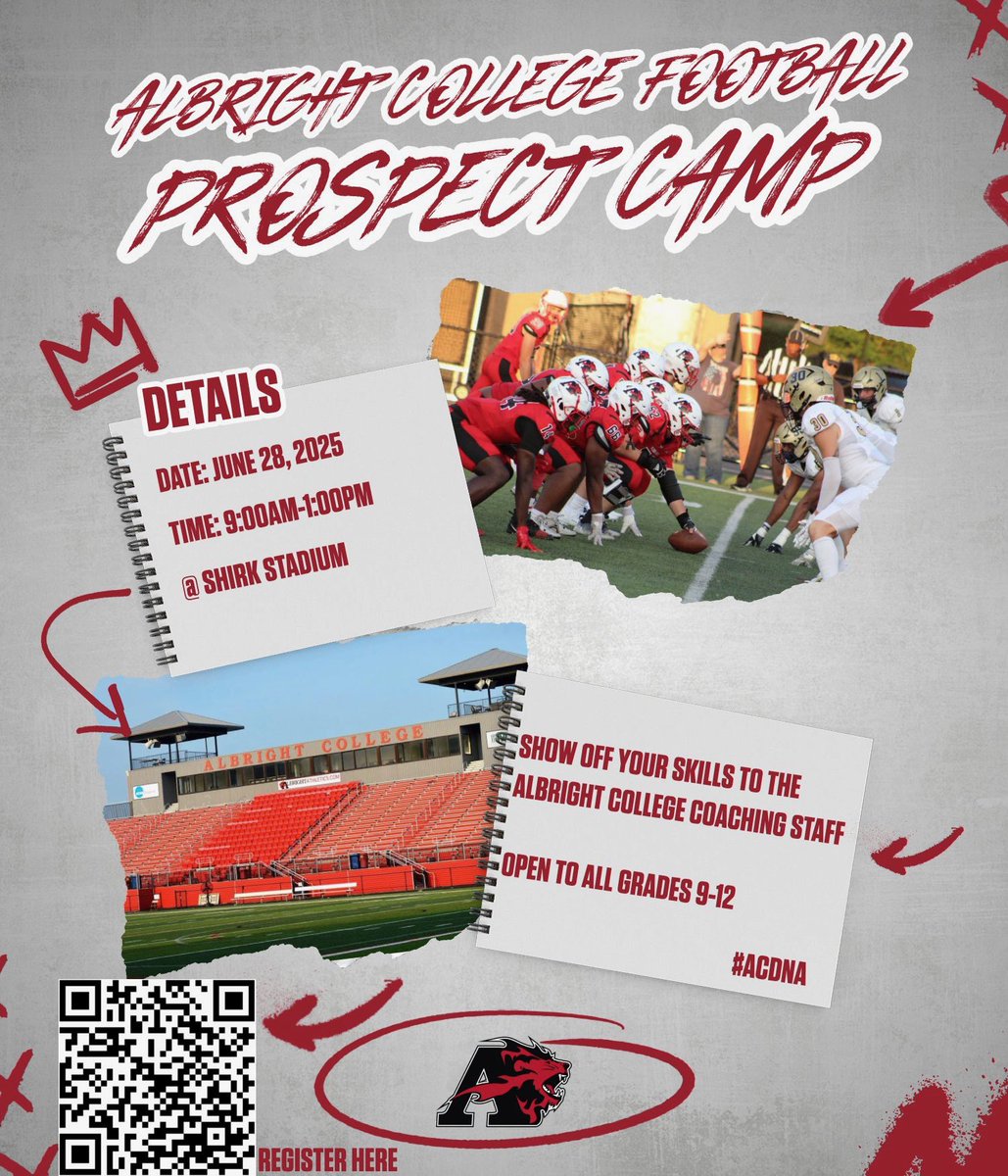 Albright Football (@albright_fball) on Twitter photo 🔥YOUR JOURNEY STARTS HERE🔥
The best athletes don’t wait for opportunities— they create them. Show up, show out, and compete against top talent at our Football Prospect Camp. Real players take real chances. Will You? #TheHuntStartsHere #ACDNA #Compete
…htcollegefootballcamps.totalcamps.com/shop/product/3… 🔥YOUR JOURNEY STARTS HERE🔥
The best athletes don’t wait for opportunities— they create them. Show up, show out, and compete against top talent at our Football Prospect Camp. Real players take real chances. Will You? #TheHuntStartsHere #ACDNA #Compete
…htcollegefootballcamps.totalcamps.com/shop/product/3…