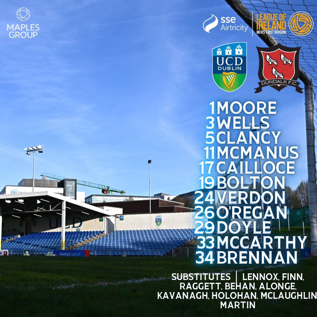 STARTING XI | <a href="/LeagueofIreland/">League of Ireland</a> 

The team to take on <a href="/DundalkFC/">Dundalk FC</a> in the Bowl. 

Adam Brennan returns to the starting lineup 🪄

15 year old Hugh Martin makes the bench ✨