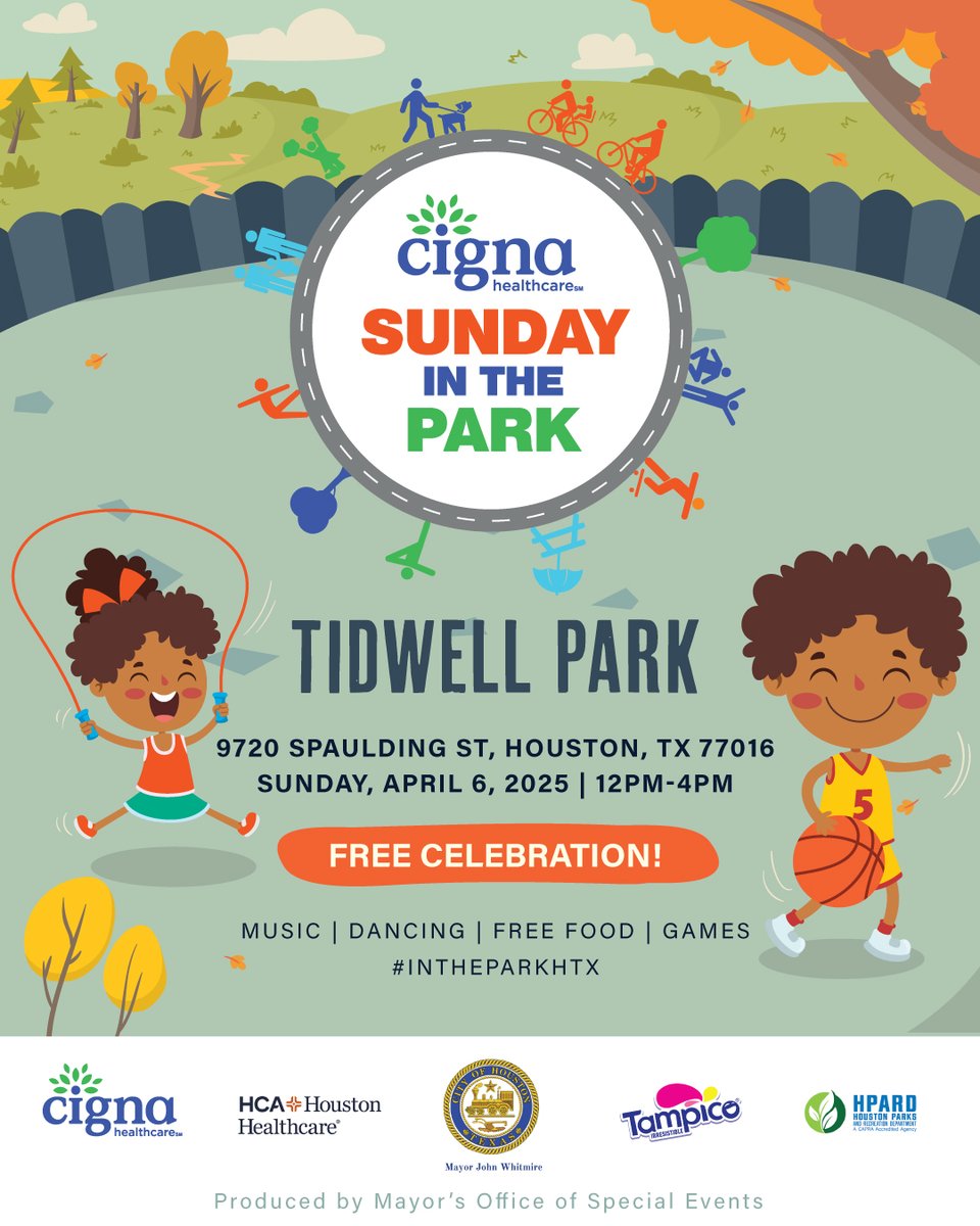 Cigna Sunday in the Park will be at Tidwell Park this Sunday, April 6th. Join us for this FREE event filled with fun, games, dancing and food for the entire family!