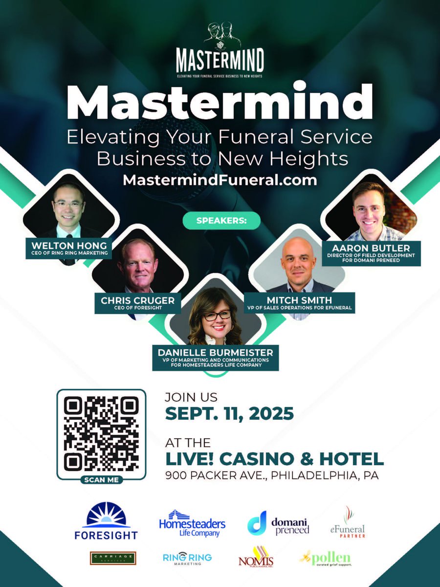Funeralvision1's tweet image. Don&apos;t miss the event everyone is talking about: Join Welton Hong, Chris Cruger, Danielle Burmeister, Aaron Butler and Mitch Smith in Philadelphia on Sept. 11. Learn more and sign up at mastermindfuneral.com #FuneralService #MastermindFuneral #FuneralVision  #FuneralDirector