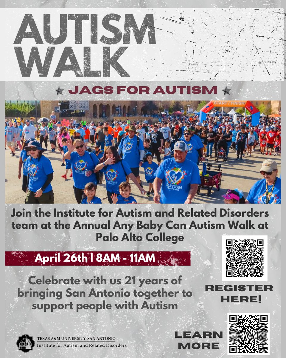 🌟 Join us for the Walk for Autism with <a href="/AnyBabyCanSA/">Any Baby Can SA</a> !
📅 April 26 |  8–11AM | Palo Alto College
🎉 Celebrating 21 years of community support!
👕Order shirts: bit.ly/49dRy6W
🔗 Register: bit.ly/4crq5ly