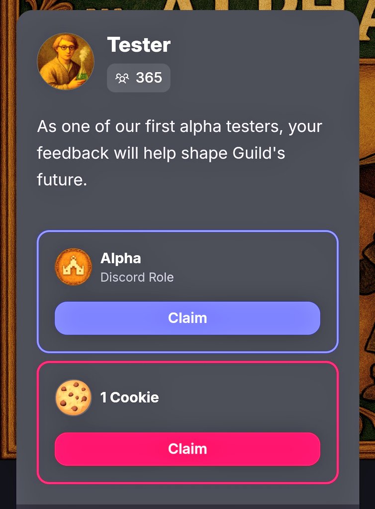 Collect Alpha Role In <a href="/guildxyz/">Guild</a> ✨️

- alpha.guild.xyz/alpha_guild

- Connect Wallet &amp; Discord Account 

- Verify Your Eligibility &amp; Claim Role

- Claim Cookies To If You Were Active On Base, Minted Guild Pins &amp; Early Explorer

Don't Fade Guild Can Drop Huge - Get In Early 🫡🫡

🤙