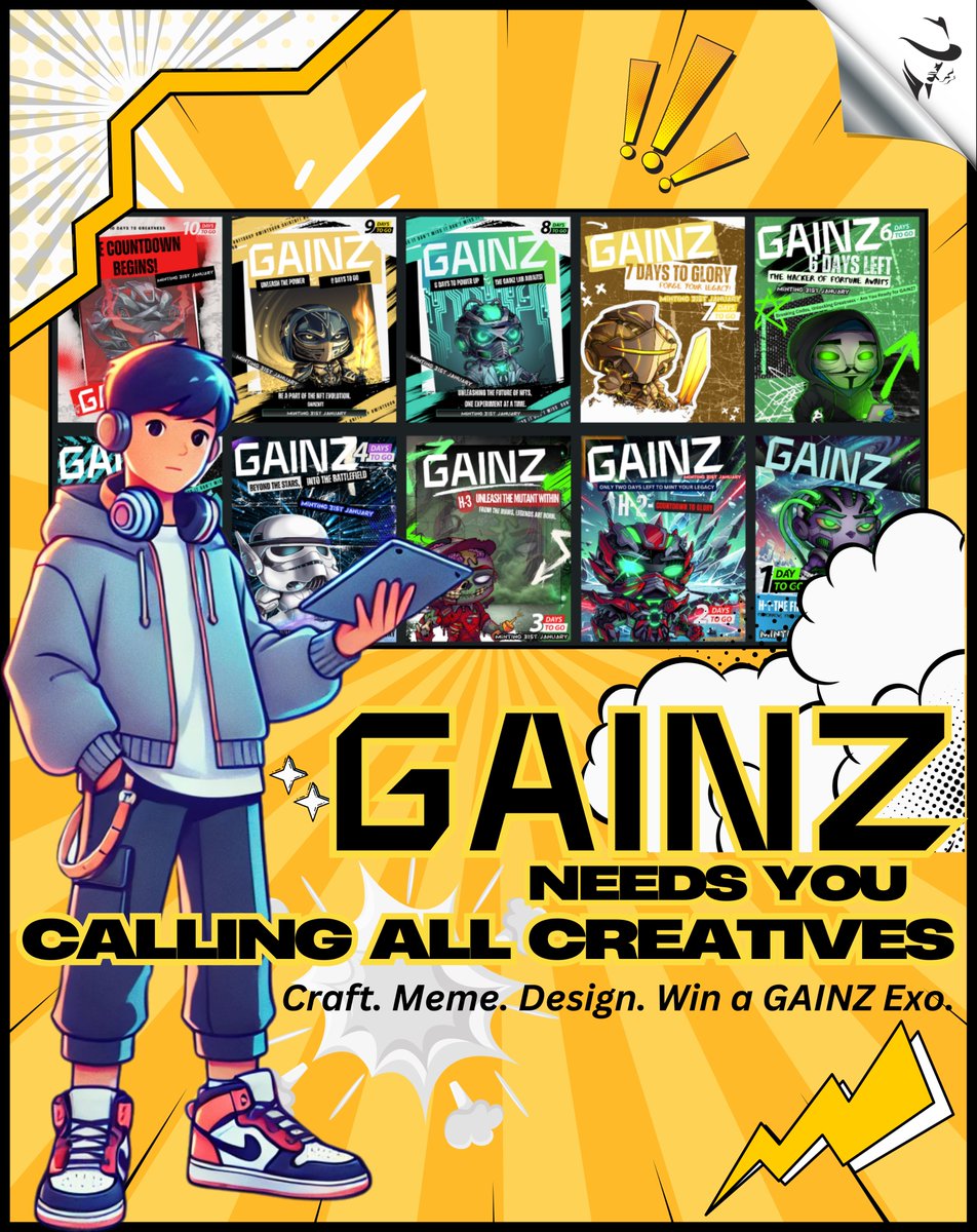🚨 <a href="/GAINZNFTs/">GAINZ</a>  is on the hunt for a Content Creator!
Design. Meme. Create. Win.
Got what it takes to bring the GAINZ energy to life?
🎨 Submit your entries to #🎨fan-art ( Discord)
🏆 Winner gets a GAINZ Exo NFT!

Ends April 9th, 2025
Let your creativity speak louder than words.