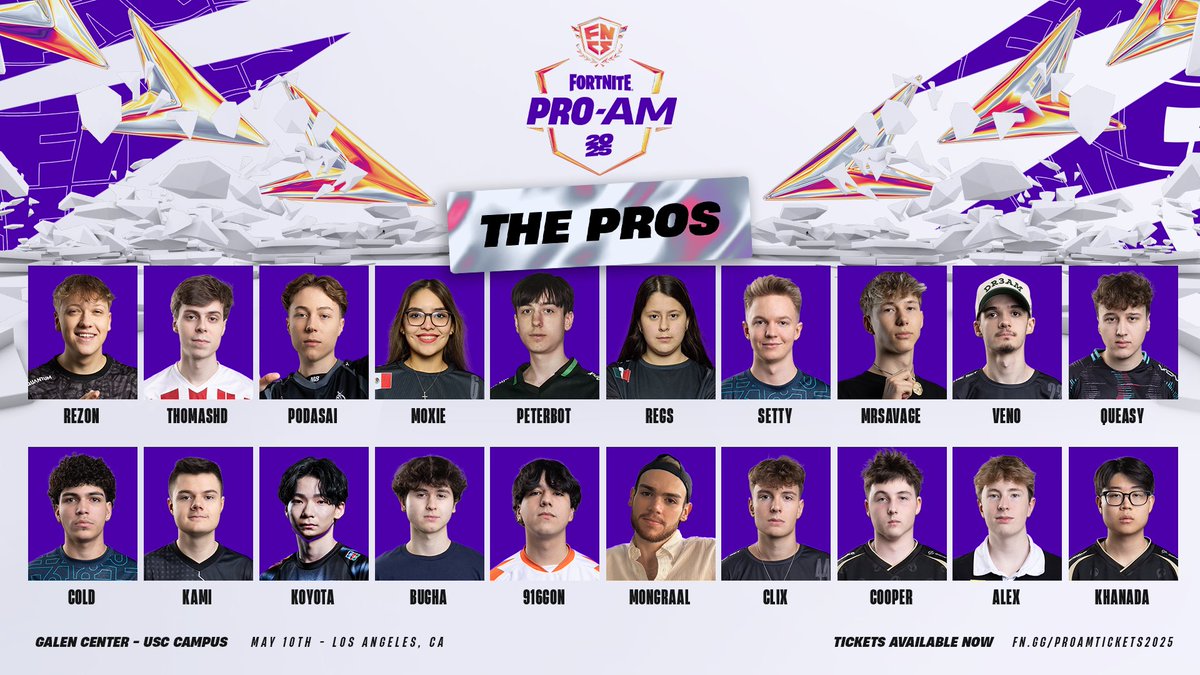 Here's everyone you will see at FNCS Pro-Am in LA on May 10 😍 

Come and cheer for your favorite player: fn.gg/ProAmTickets20…