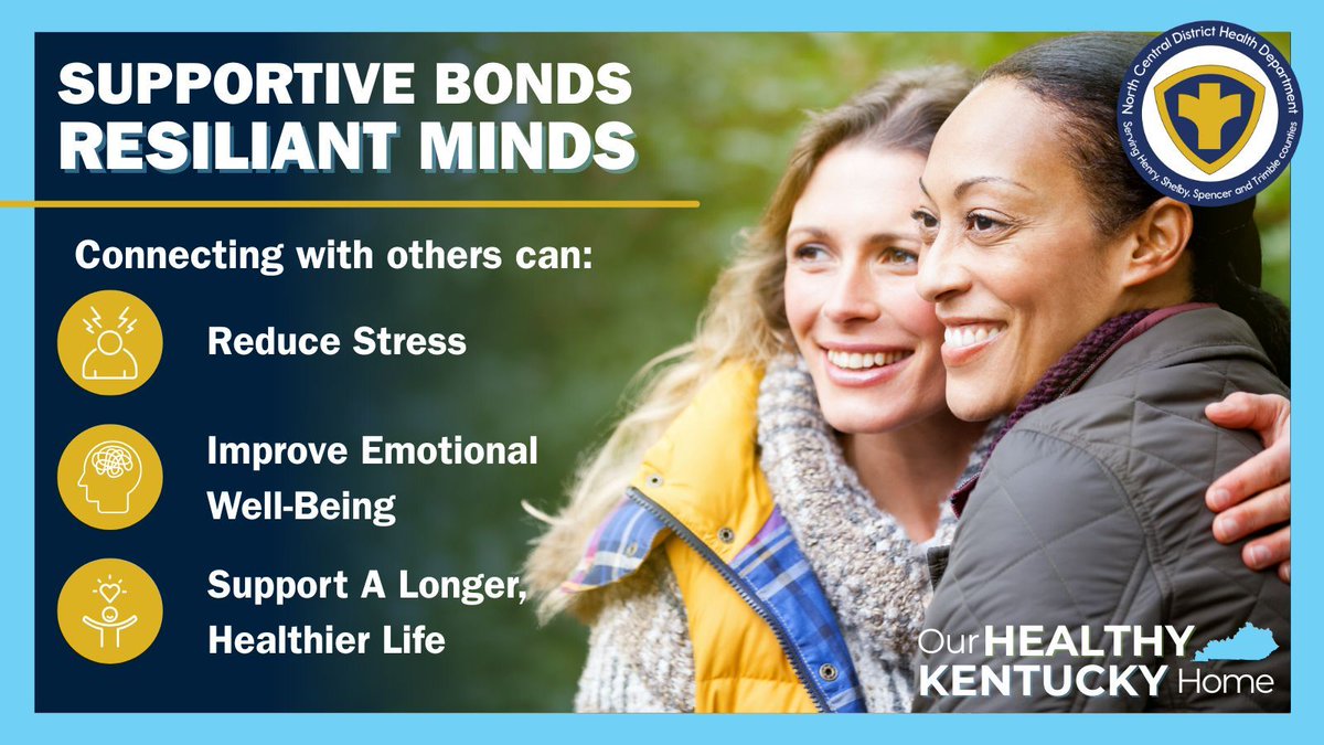 NCDistrict's tweet photo. Strong social connections aren’t just good for the soul, they’re essential for mental health! Engaging with others can help manage stress, reduce anxiety and depression, and even contribute to a longer, healthier life. #NCDHD #OurHealthyKYHome https://t.co/vzETOm2aZk