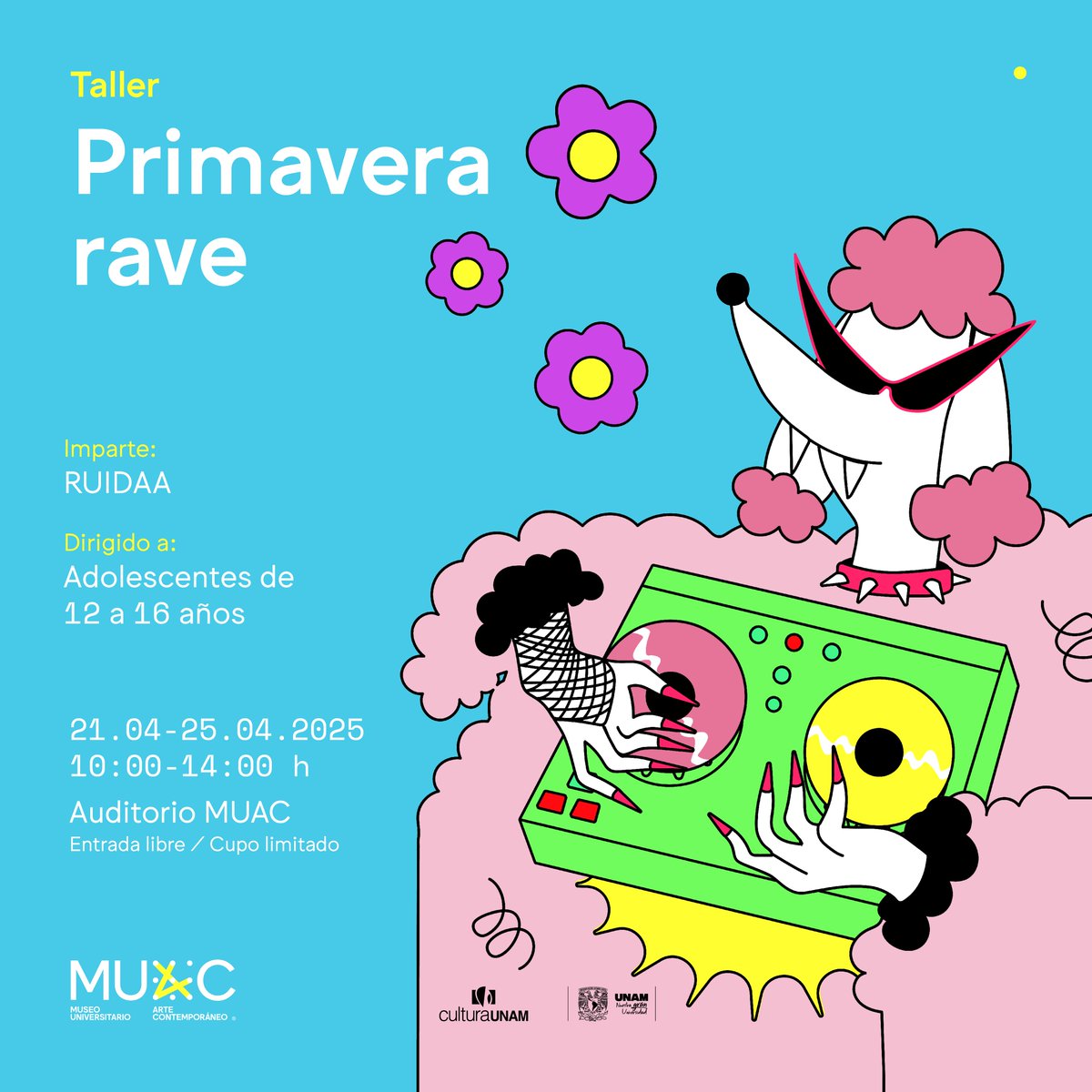 MUAC (@muacunam) on Twitter photo ¿Tienes entre 12 y 16 años?
¿Te gustaría aprender a mezclar y crear tu propia música?
Nuestro taller en colaboración con RUIDAA y Pandeo DF es para ti.
¡Ven al MUAC y diviértete aprendiendo y creando!
Realiza tu registro enviando un correo a: cursosytalleres@muac.unam.mx ¿Tienes entre 12 y 16 años?
¿Te gustaría aprender a mezclar y crear tu propia música?
Nuestro taller en colaboración con RUIDAA y Pandeo DF es para ti.
¡Ven al MUAC y diviértete aprendiendo y creando!
Realiza tu registro enviando un correo a: cursosytalleres@muac.unam.mx