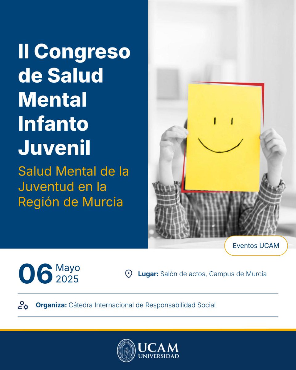 UCAM Universidad (@ucam) on Twitter photo 🧠 II Congreso de Salud Mental Infanto Juvenil
📅 6 de mayo - Salón de Actos - Campus de Murcia
📍 Una jornada para abordar los desafíos de la salud mental en la juventud de la Región de Murcia.
🤝 Organiza: <a href="/UCAMCatedraRSC/">Cátedra Internacional de RSC - UCAM 🌿</a>
ℹ️ eventos.ucam.edu/133313/detail/… 🧠 II Congreso de Salud Mental Infanto Juvenil
📅 6 de mayo - Salón de Actos - Campus de Murcia
📍 Una jornada para abordar los desafíos de la salud mental en la juventud de la Región de Murcia.
🤝 Organiza: <a href="/UCAMCatedraRSC/">Cátedra Internacional de RSC - UCAM 🌿</a>
ℹ️ eventos.ucam.edu/133313/detail/…