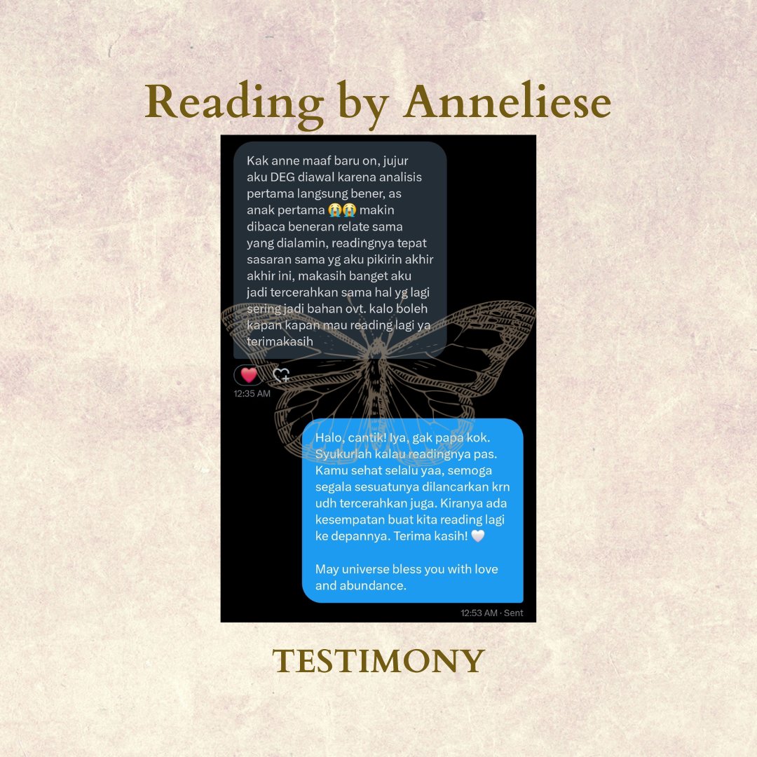 — 4. Testimony Reading by Anneliese

:: Fresh from the oven. Makasih banyak yaa, udah mau reading sama aku! Sehat selalu 🤍 ::

🚨 DO NOT STEAL 🚨
This testimony belongs to Anneliese only.

t. testimoni jasa baca tarot reading
#zonauang #zonajajan #zonacuan #zonaba #tarotreading