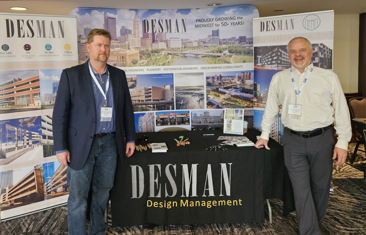 desmanparking's tweet photo. Had a great time at #PTAP2025! Matt Repasky &amp; Pat Wells repped DESMAN at the Spring Conference in Pittsburgh—connecting with peers &amp; sharing our Midwest work. Thanks to all who stopped by our booth to talk parking, restoration &amp; more! https://t.co/gqIY1JwP9M