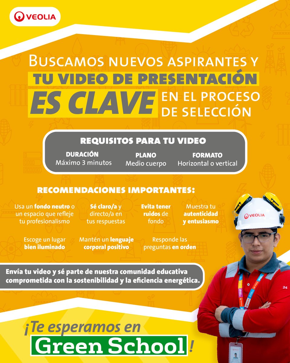 🌱 ¡Únete a Green School de Veolia Ecuador! Envía tu video de 3 min y cuéntanos por qué quieres ser parte de la transformación ecológica. Postula aquí 👉 bit.ly/3DVZvnP

Fecha límite: 18 de abril ⏰

#VeoliaGreenSchool #Sostenibilidad